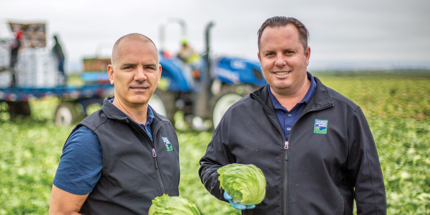 (Left) Jeff Church, Vice President of Sales, and (right) Brian Church, CEO, are marking the 20th Anniversary of Church Brothers Farms in Salinas, California